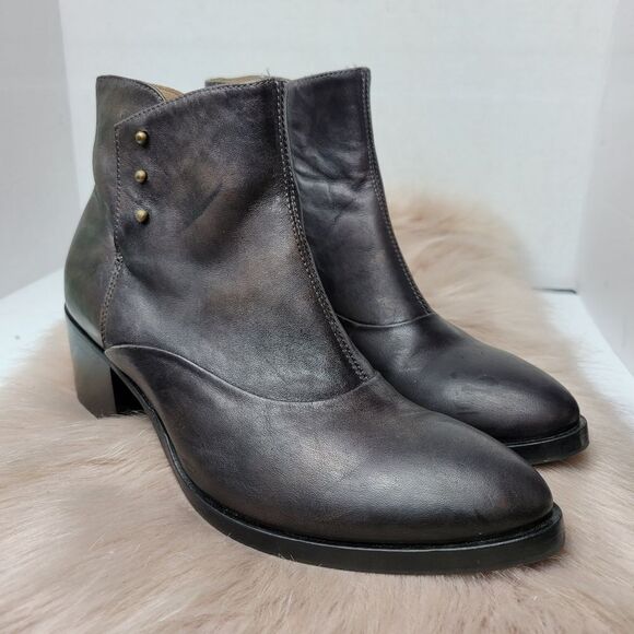 Italeau Handmade Brown Leather Pointed Toe Zipper Ankle Bootie Shoes Size 6.5 - Picture 1 of 8
